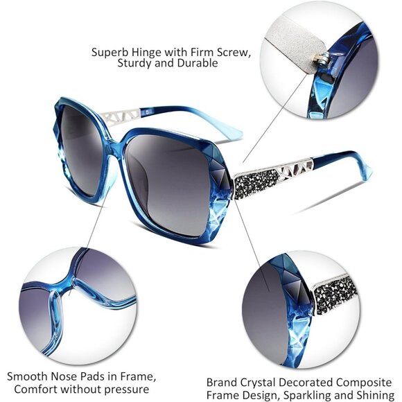Women's Blue Crystal Square Sunglasses Sparkling Composite Shiny Frame Design - Picture 4 of 8